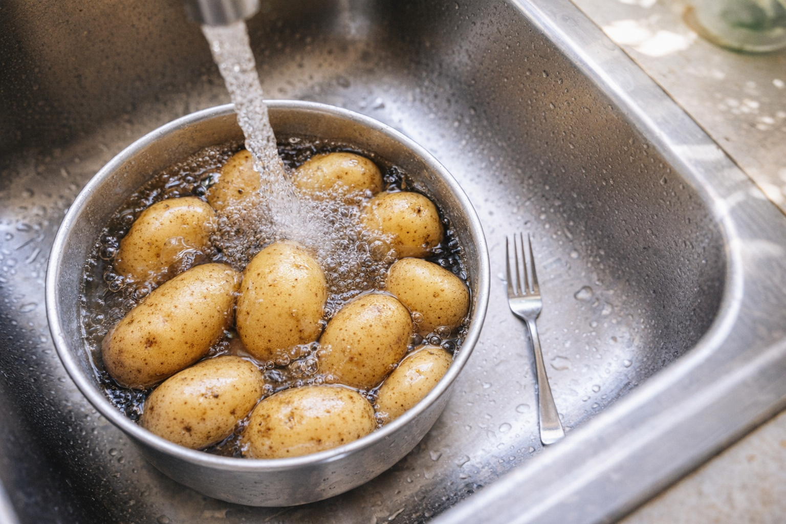 A top-down shot of raw potatoes being washed in a sink, a fork lying next to them, bright kitchen lighting